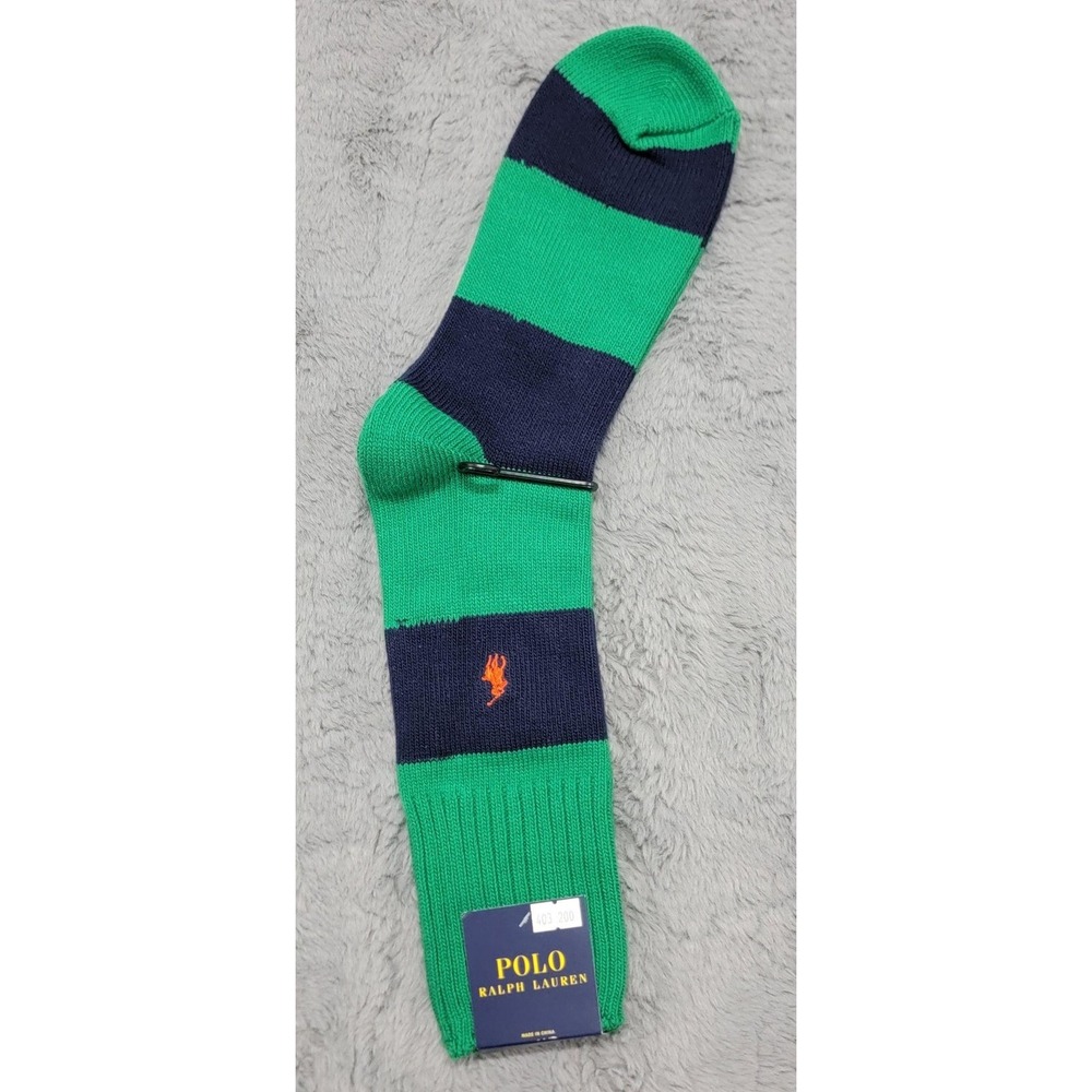 Polo Ralph Lauren Socks Mens 10-13 Green Navy Rugby Stripe Pony Mid Calf